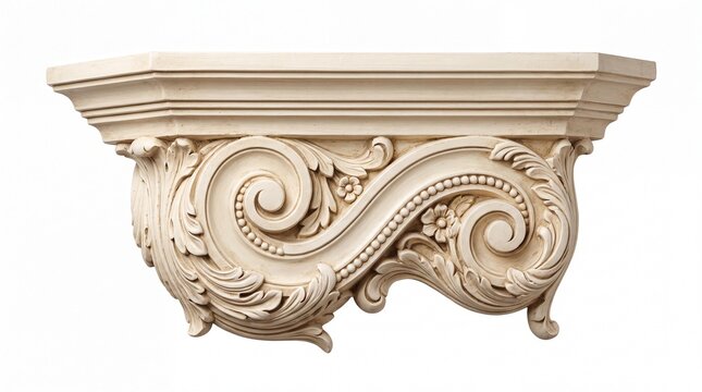 Ornate decorative wooden wall corbel featuring intricate floral carvings and classic scrolls on white background