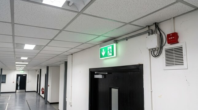 Emergency exit sign above a door in a modern office corridor