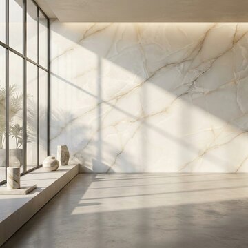 Luxury Interior with Large Onyx Marble Wall and Big Window Sunlight Shadow