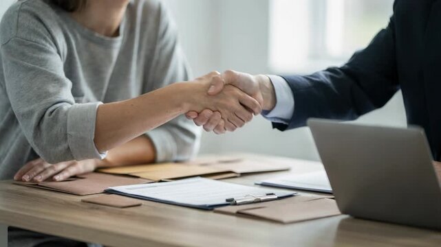 Small business owner reviewing brokerage account paperwork with a bank representative the focus sharply on the handshake sealing the onboarding agreement.