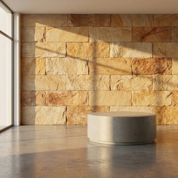 Modern Interior with Sandstone Brick Wall and Round Concrete Podium Display