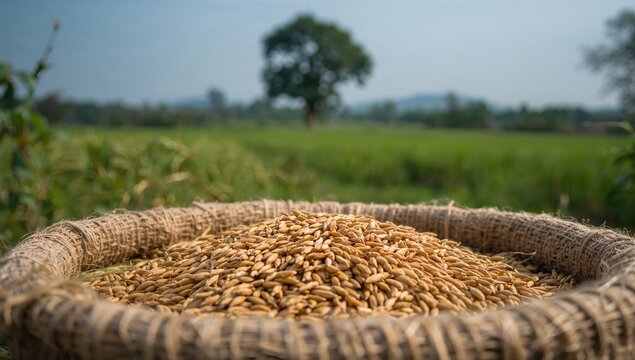 Grain Pile in a Rustic Basket with a Lush Green Field Background