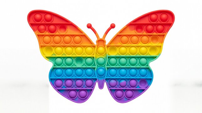 Colorful butterfly shaped silicone sensory toy featuring a vibrant rainbow gradient pattern on white background
