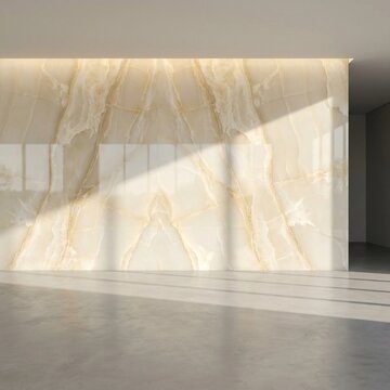 Luxury Interior with Backlit Marble Wall Accent and Sunlight Reflection Floor