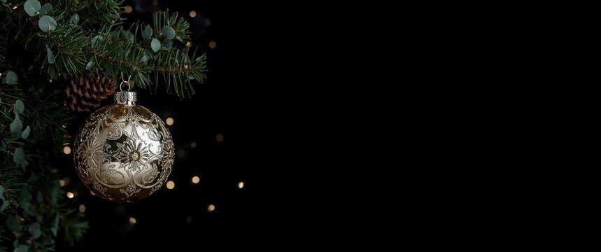 Decorative Christmas Ornament Hanging from Pine Branch with Soft Lights in Dark Background