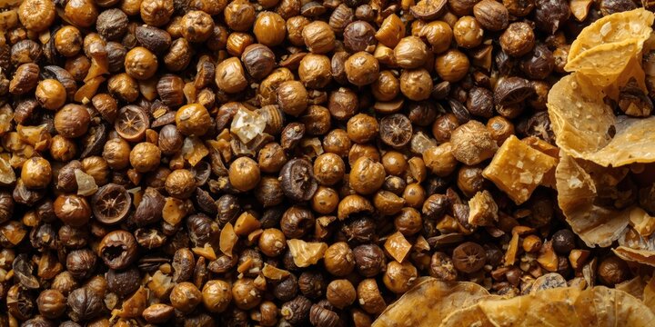 Closeup of Various Seeds and Dried Plant Material on a Dark Surface