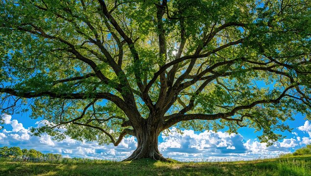 Majestic Tree with Spreading Branches Under a Bright Blue Sky with Clouds