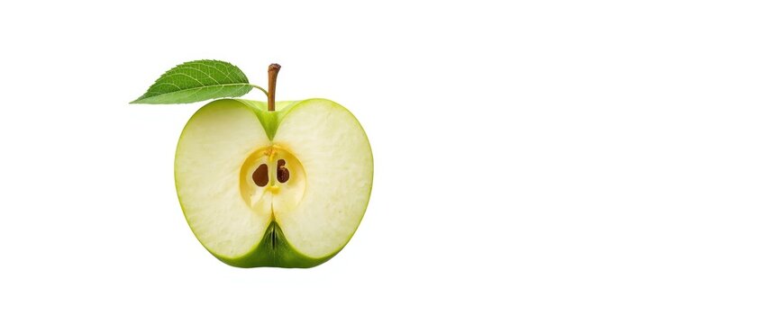 Halved Green Apple with Leaf Isolated on White Background