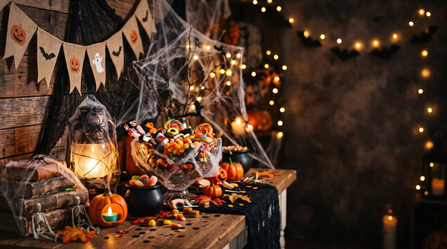 Festive Halloween Still Life with Assorted Candy in Glass Bowl, Pumpkins, Lantern and Spider Webs