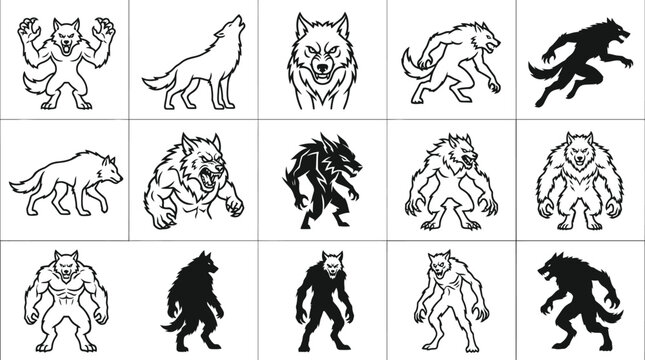 A comprehensive halloween vector bundle featuring various scary werewolf character illustrations in black and white line art style for creative design projects