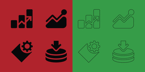 Fototapeta premium Data analysis and financial growth set featuring bar charts, line graphs, gears, and stacks of coins with arrows