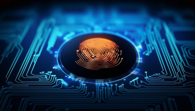 Glowing fingerprint on digital circuit board shows biometric security and authentication, symbolizing secure access, identity verification, and cyber defense.