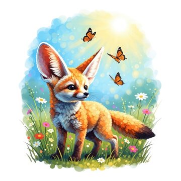 Adorable fennec fox cub standing in a sunny meadow surrounded by vibrant butterflies and wildflowers