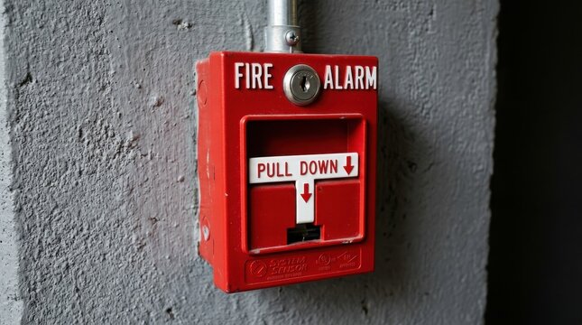 Red fire alarm pull station mounted on a grey concrete wall