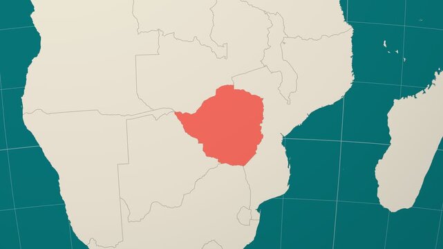 Zimbabwe map. Animated zoom into the country on the Globe in Teal Pale Mint color palette. Country logo animation. Map with meridians, parallels. Charming video.
