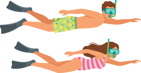 Man and Woman Snorkeling Vector Character Set with Divers Wearing Swimsuits, Masks, Snorkels, and Fins Swimming Underwater © Sahina