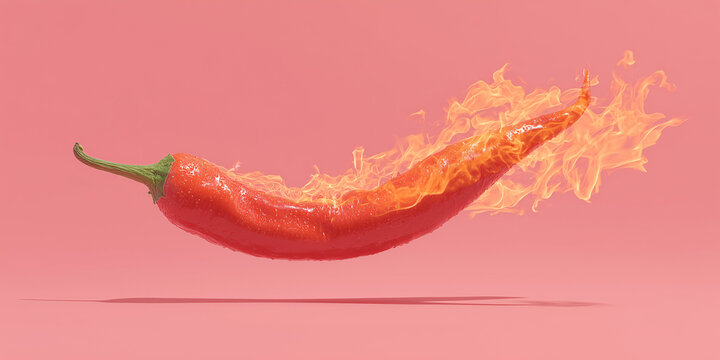 A single red chili pepper engulfed in flames, floating against a vibrant pink background