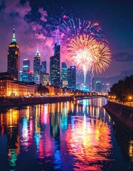 Fototapeta premium Fireworks over the modern city skyline illuminated at night with vibrant reflections on the river water during new year celebration