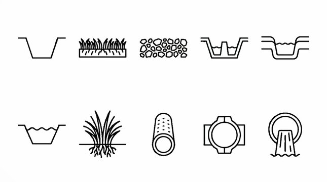 A collection of ten linear icons representing various water management and drainage infrastructure elements.