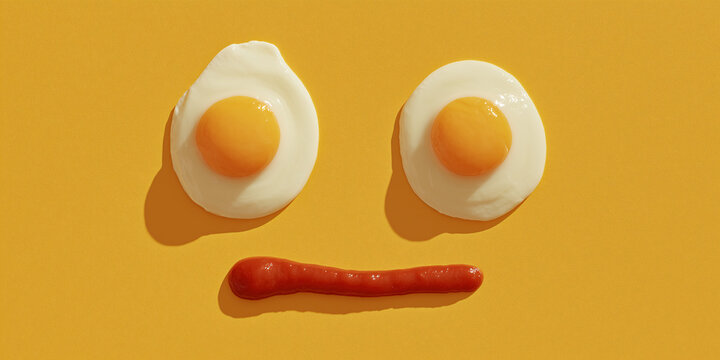 A face made of fried eggs and ketchup on a yellow background