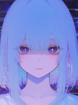 紫の瞳の少女とグリッチアート