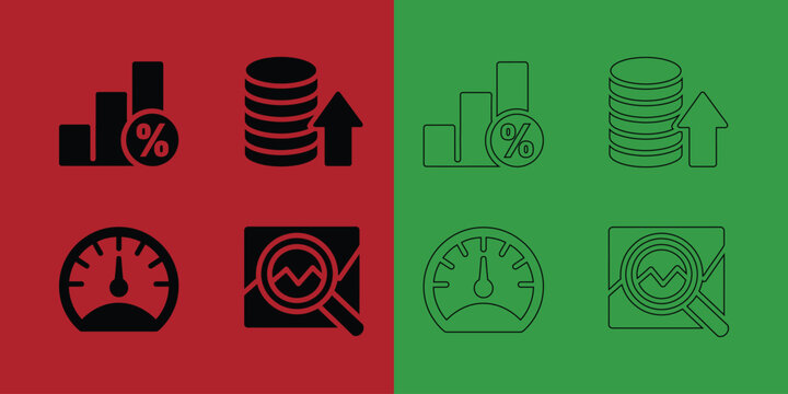 Financial growth and data analysis set featuring bar charts, coin stacks, speedometers, and market trend research