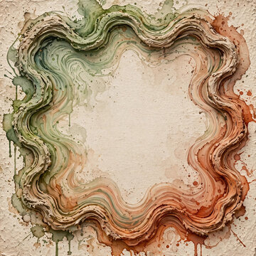 Abstract fluid grainy paper texture background with thick organic frame sage green terracotta beige and ink bleed edges