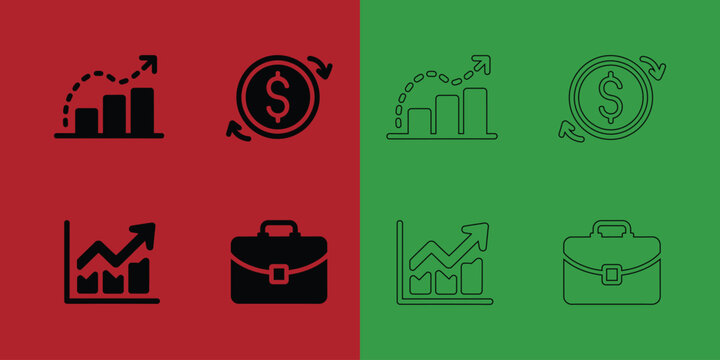 Financial growth and currency exchange featuring bar charts, dollar coins, and briefcases in solid and outline styles