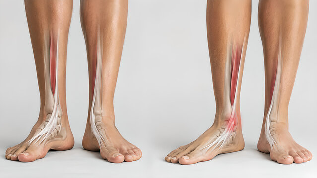 Flat Feet and Normal Foot Arch Comparison with Posterior Tibial Tendon Stress, Photorealistic Medical Illustration for Orthopedic Education, Clinical Training, and Patient Care Materials