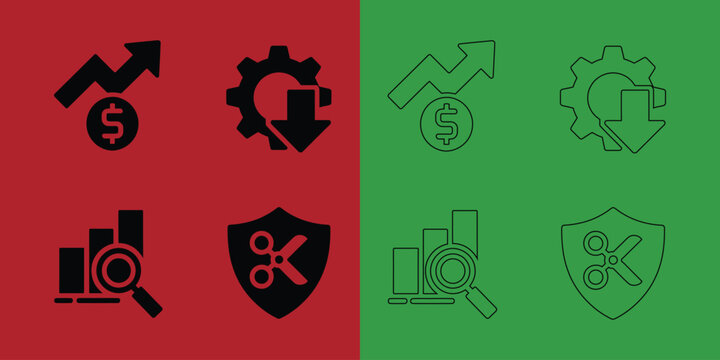 Financial growth and data analysis set with dollar signs, gears, bar charts, and shield with scissors