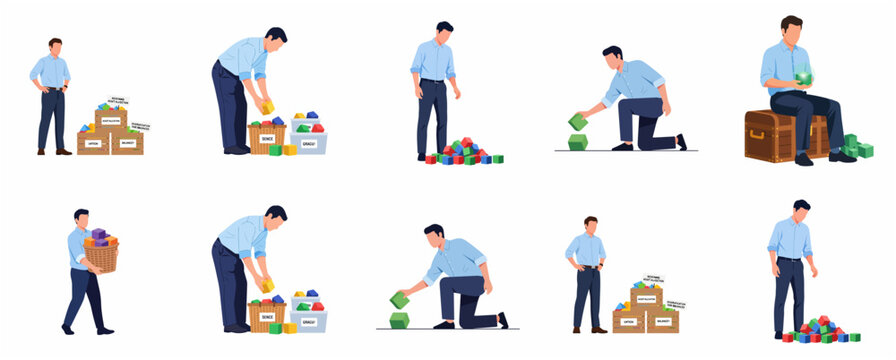 Set of businessmen managing colorful blocks representing asset allocation, diversification, and financial strategy
