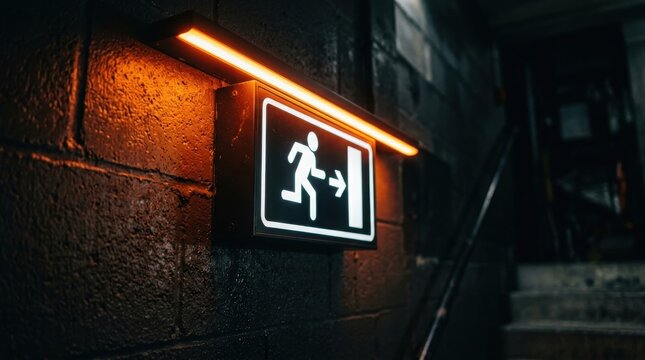 Emergency exit sign mounted on a dark brick wall with warm lighting