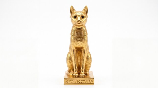 Shiny golden statue of an ancient egyptian bastet cat goddess sitting upright on white background