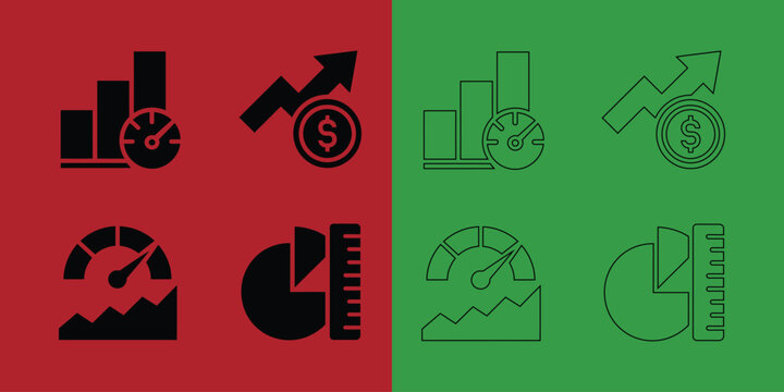 Financial growth and performance including bar charts with gauges, dollar coins, and pie charts with rulers in black