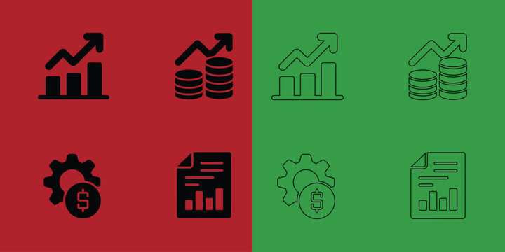 Financial management and business reporting set featuring growth charts, coin stacks, dollar gears, and documents