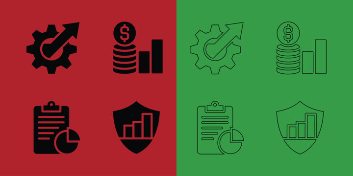 Financial management and data analysis collection with bar charts, dollar coins, pie charts, and security shields