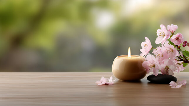 Serene Candle and Cherry Blossom Arrangement for Saint Teresa of Avila Feast Day Meditation and Reflective Prayer Space