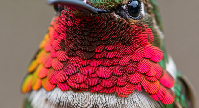 Close-up of a Ruby-throated Hummingbird's iridescent gorget and vibrant plumage