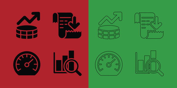Financial reporting and data analysis set featuring coin stacks, receipts, gauges, and magnifying glass on charts