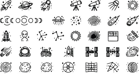 Collection of hand drawn doodle space icons featuring rockets planets astronauts stars galaxies and cosmic astronomy elements © Nimy_