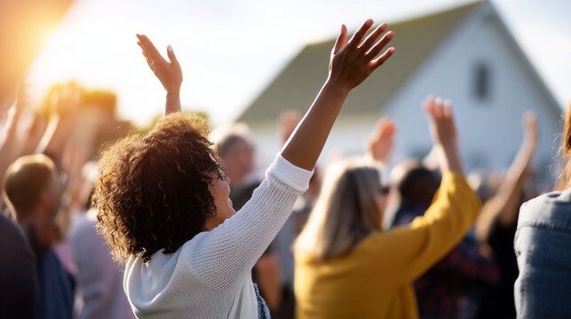 People Celebrating Together During Saint Teresa of Avila Feast Day Outdoor Gathering With Raised Hands and Joyful Expressions