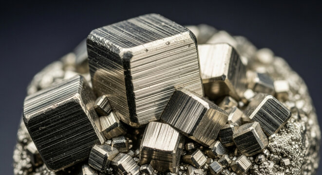 Close-up of metallic pyrite mineral crystals with cubic structure