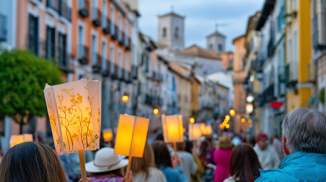 People carrying glowing lanterns during the Saint Teresa of Avila Feast Day procession through a historic Spanish city street at sunset