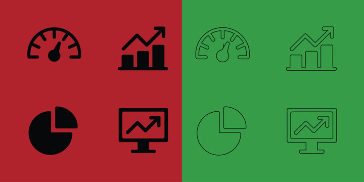 Set of business analytics featuring bar charts, pie charts, and speedometers in solid and outline styles