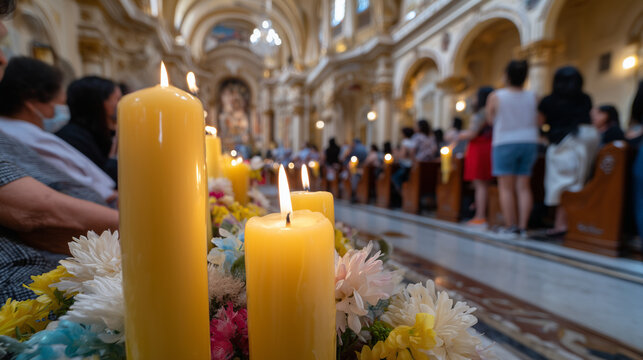 Vibrant Yellow Candles Glow During the Saint Teresa of Avila Feast Day Mass Celebration Inside a Beautiful Ornate Church