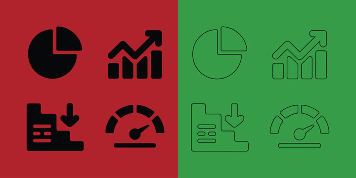 Set of business analytics featuring pie charts, bar graphs, speedometers, and downward trends in two styles