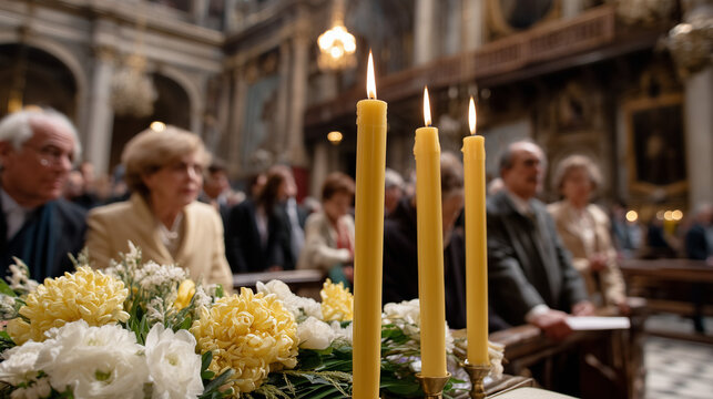 Devout Congregation Attending Mass During the Saint Teresa of Avila Feast Day Celebration Inside a Historic European Cathedral