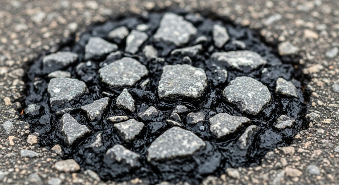 Damaged asphalt pothole filled with gravel and tar, close-up texture