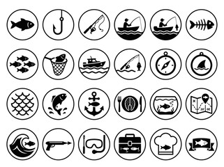 Fototapeta premium Fishing Icons Set: Vector Illustrations of Angling and Aquatic Activities