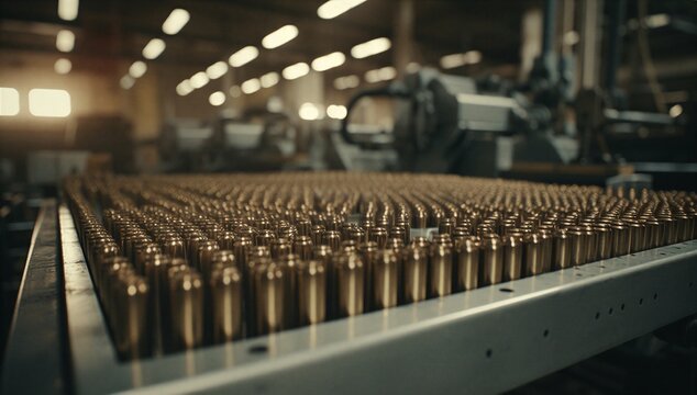 Rows of brass cartridge on a production line in a military factory, symbolizing ammunition supply, defense industry, and weapon manufacturing.